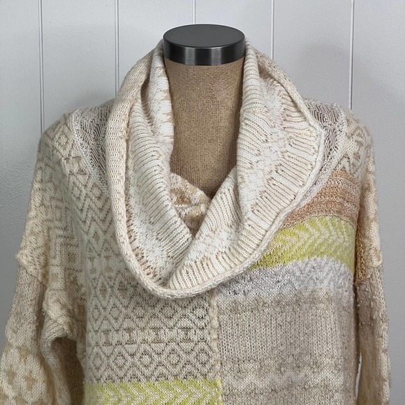 Free People Yellow and Tan Patchwork Oversized Cowl Neck Sweater SZ XS - Picture 3 of 10